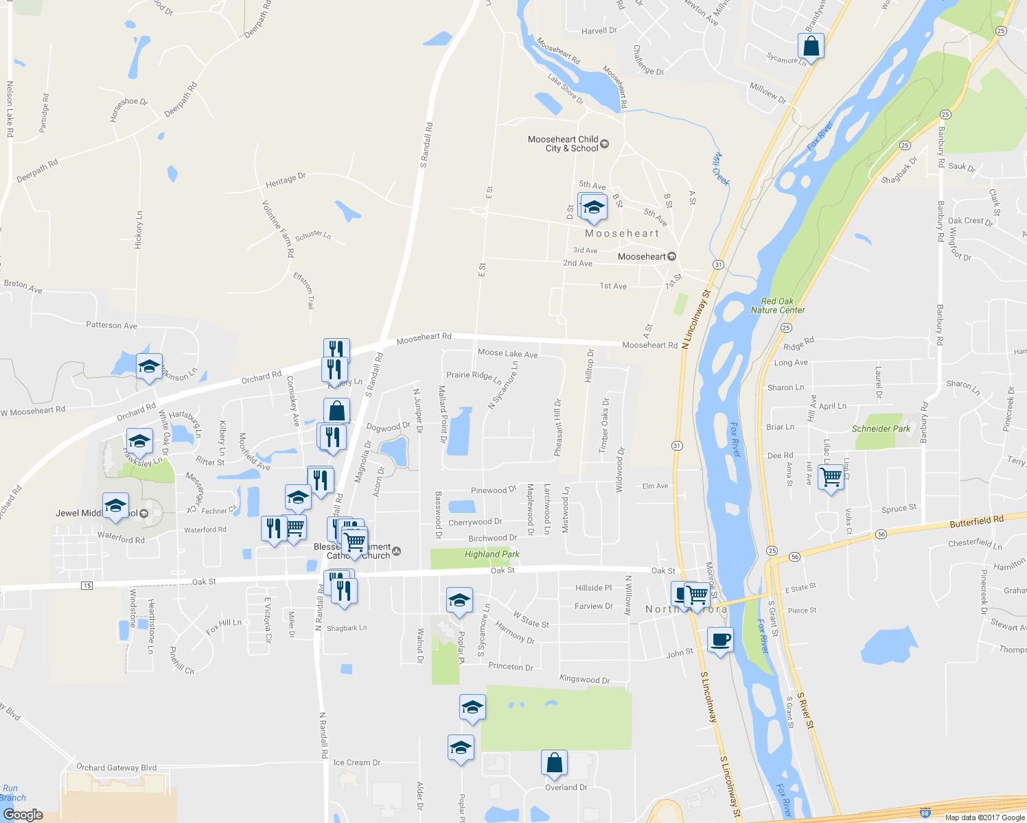 map of restaurants, bars, coffee shops, grocery stores, and more near 487 Mount Court in North Aurora