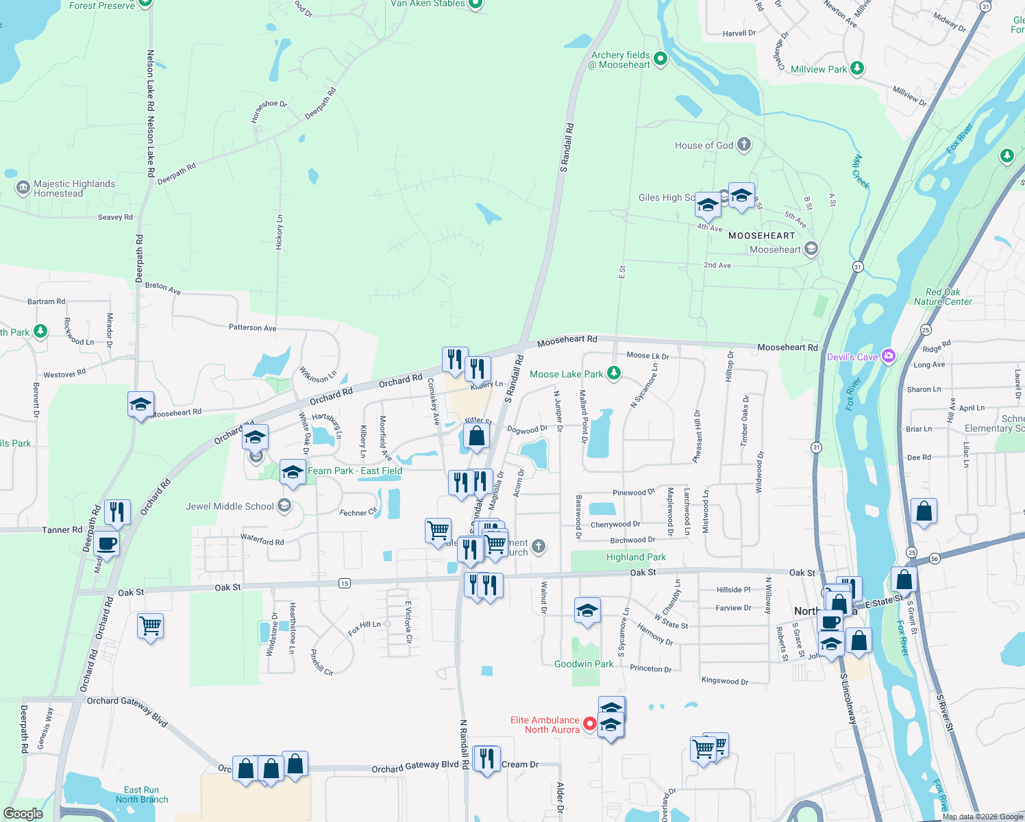 map of restaurants, bars, coffee shops, grocery stores, and more near 506 Magnolia Drive in North Aurora