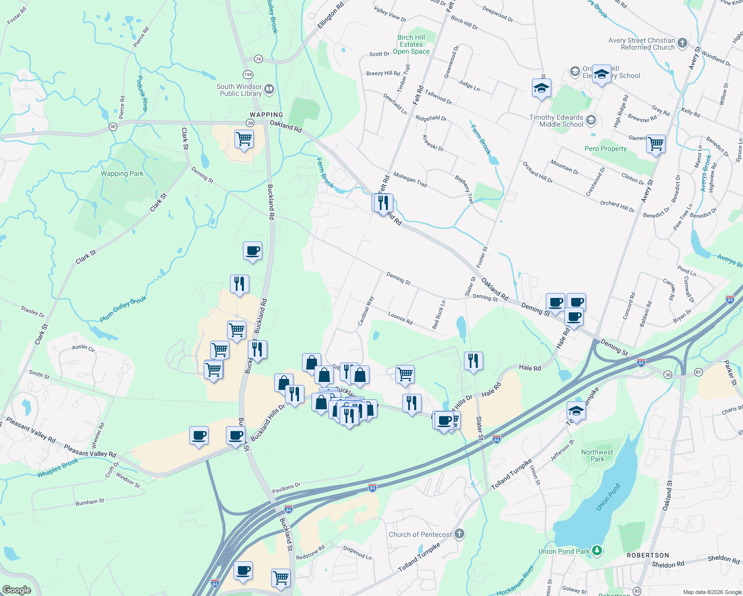 map of restaurants, bars, coffee shops, grocery stores, and more near 42 Cardinal Way in South Windsor