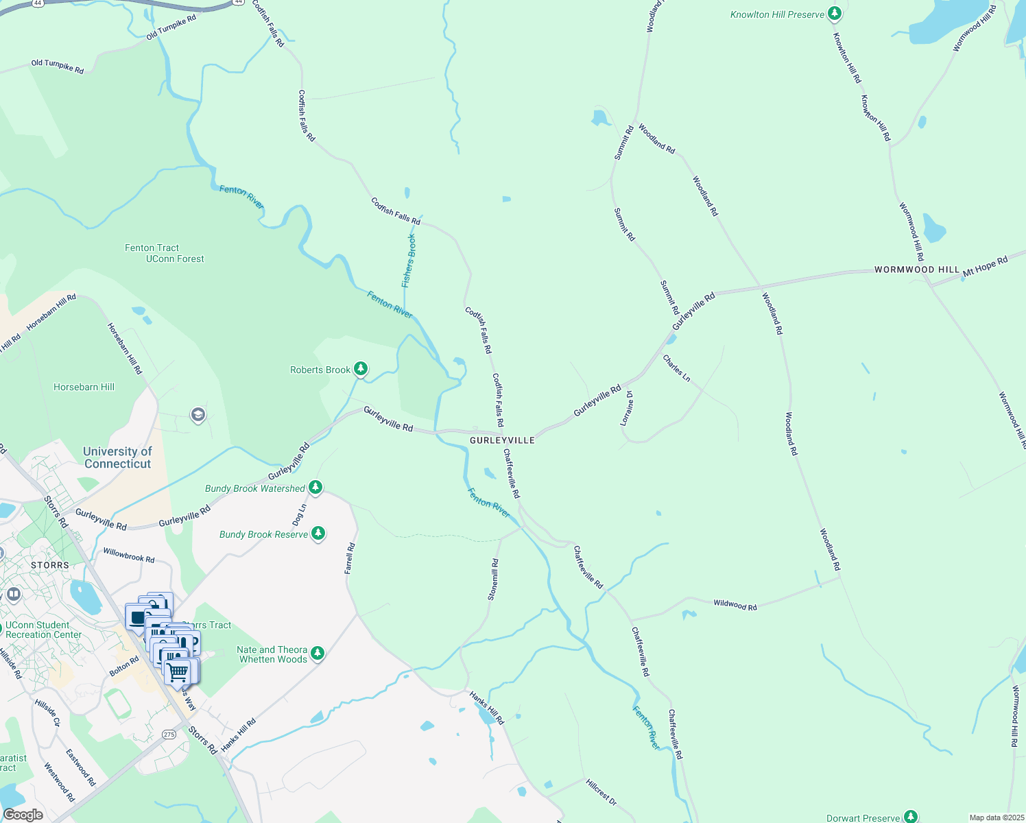 map of restaurants, bars, coffee shops, grocery stores, and more near 10 Codfish Falls Road in Mansfield