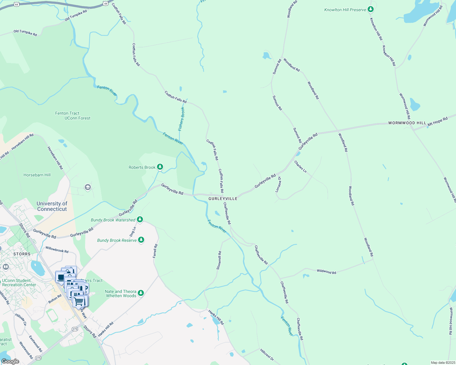 map of restaurants, bars, coffee shops, grocery stores, and more near 10 Codfish Falls Road in Mansfield