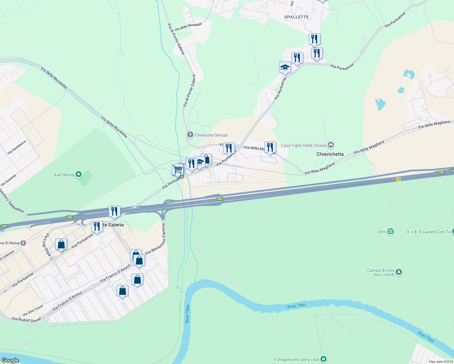 map of restaurants, bars, coffee shops, grocery stores, and more near 18 Via Lorenzo Allievi in Ponte Galeria-la Pisana