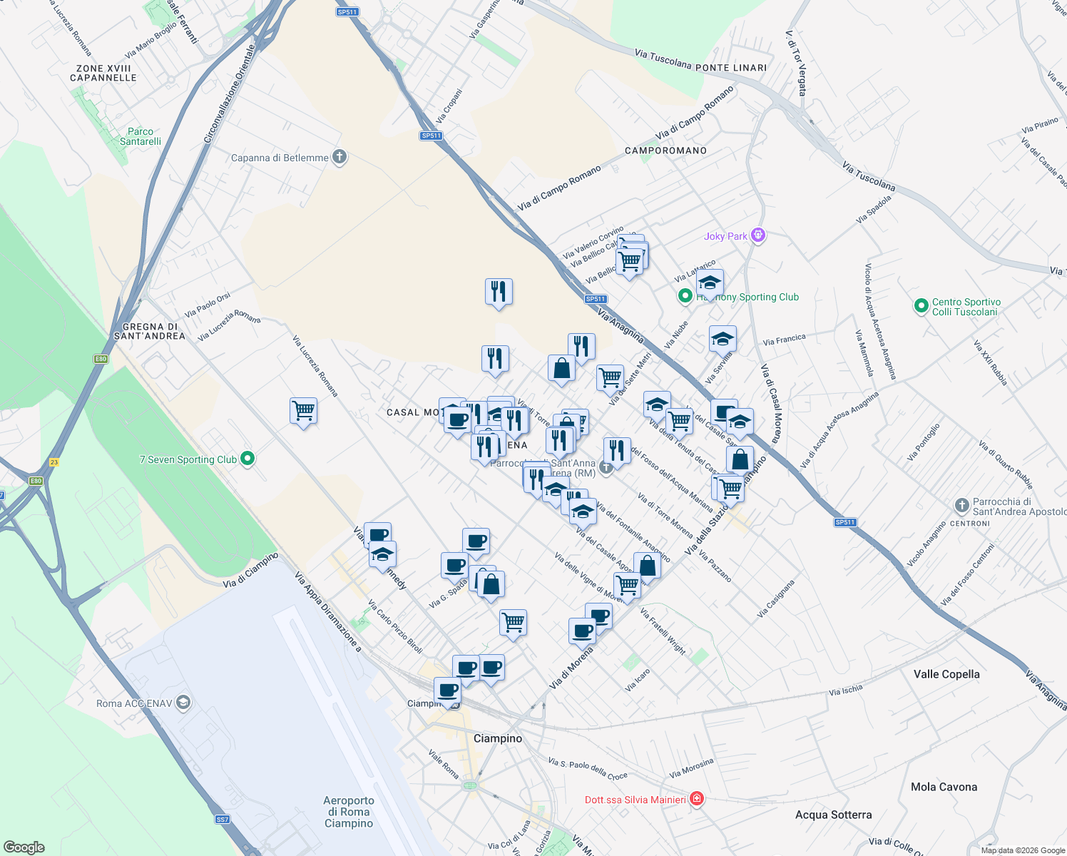 map of restaurants, bars, coffee shops, grocery stores, and more near 115 Via di Torre Morena in Rome