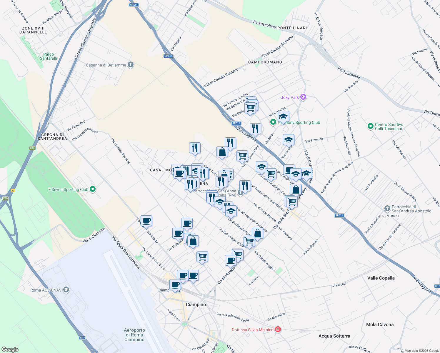 map of restaurants, bars, coffee shops, grocery stores, and more near 102 Via di Torre Morena in Roma