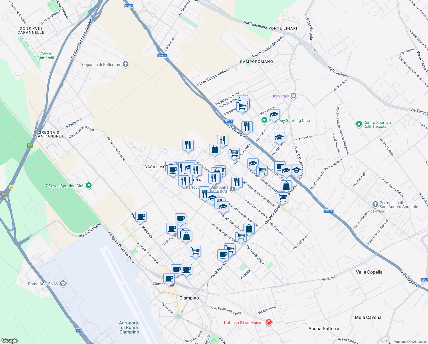 map of restaurants, bars, coffee shops, grocery stores, and more near 102/B via Torre morena in Rome