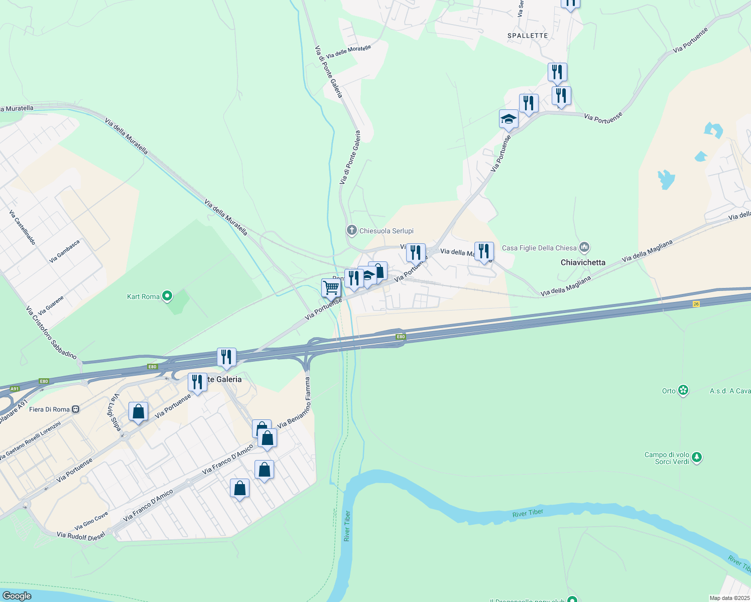 map of restaurants, bars, coffee shops, grocery stores, and more near 18 Via Lorenzo Allievi in Ponte Galeria-la Pisana