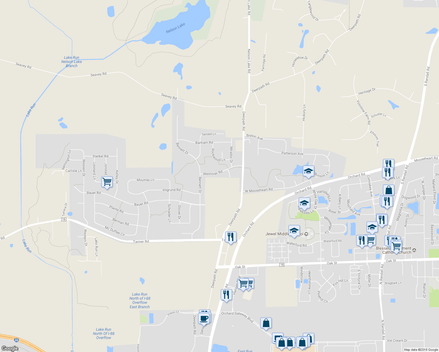 map of restaurants, bars, coffee shops, grocery stores, and more near 2056 Westover Road in North Aurora