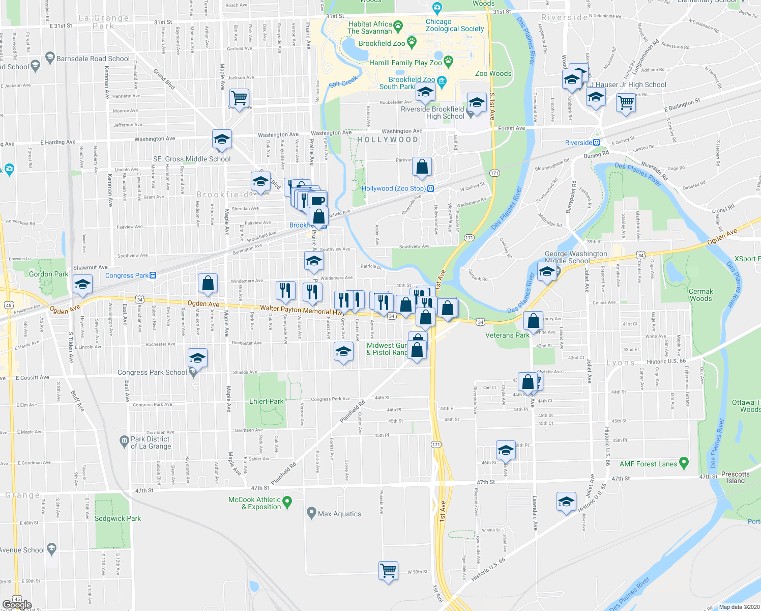 map of restaurants, bars, coffee shops, grocery stores, and more near 4044 Konrad Avenue in Lyons