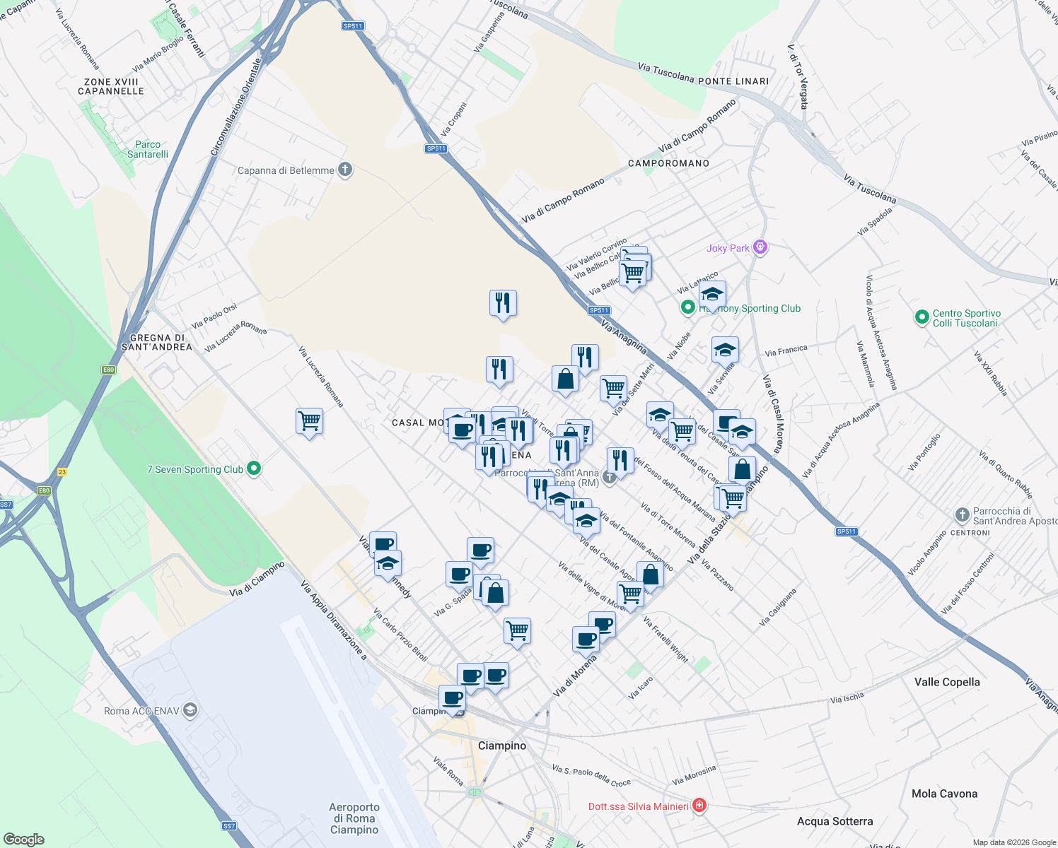 map of restaurants, bars, coffee shops, grocery stores, and more near 115 Via di Torre Morena in Roma