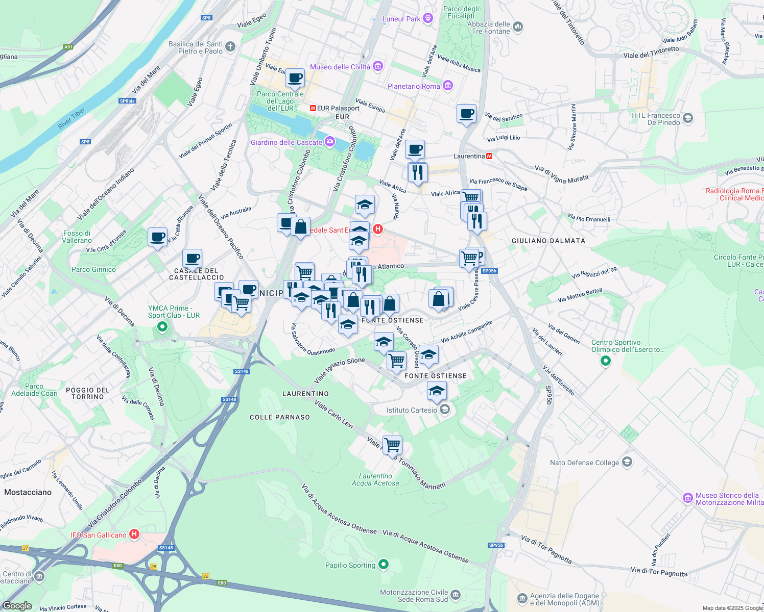 map of restaurants, bars, coffee shops, grocery stores, and more near 129 Via Elio Vittorini in Roma