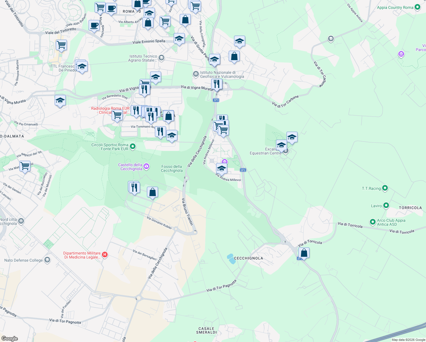 map of restaurants, bars, coffee shops, grocery stores, and more near 571 Via Andrea Millevoi in Roma