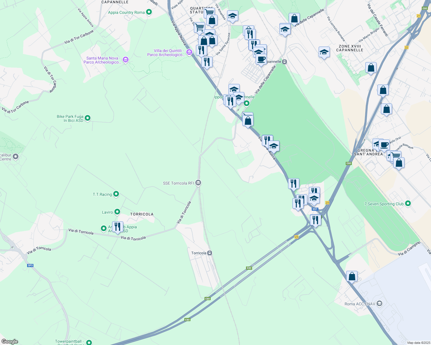 map of restaurants, bars, coffee shops, grocery stores, and more near Via Appia Antica in Roma