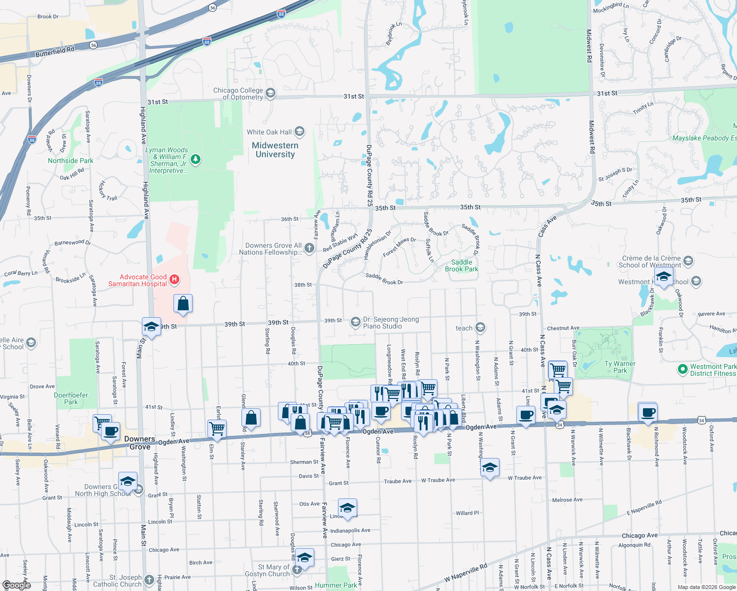 map of restaurants, bars, coffee shops, grocery stores, and more near 3816 Cumnor Road in Downers Grove