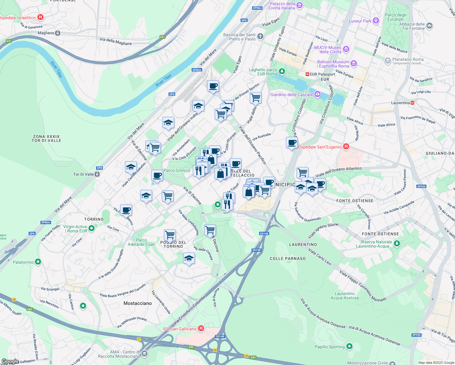 map of restaurants, bars, coffee shops, grocery stores, and more near 69-123 Viale Avignone in Roma
