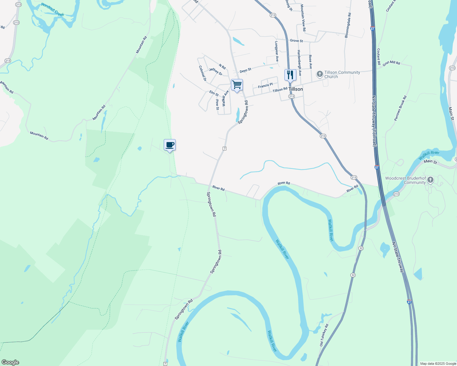 map of restaurants, bars, coffee shops, grocery stores, and more near 164 River Rd in New Paltz