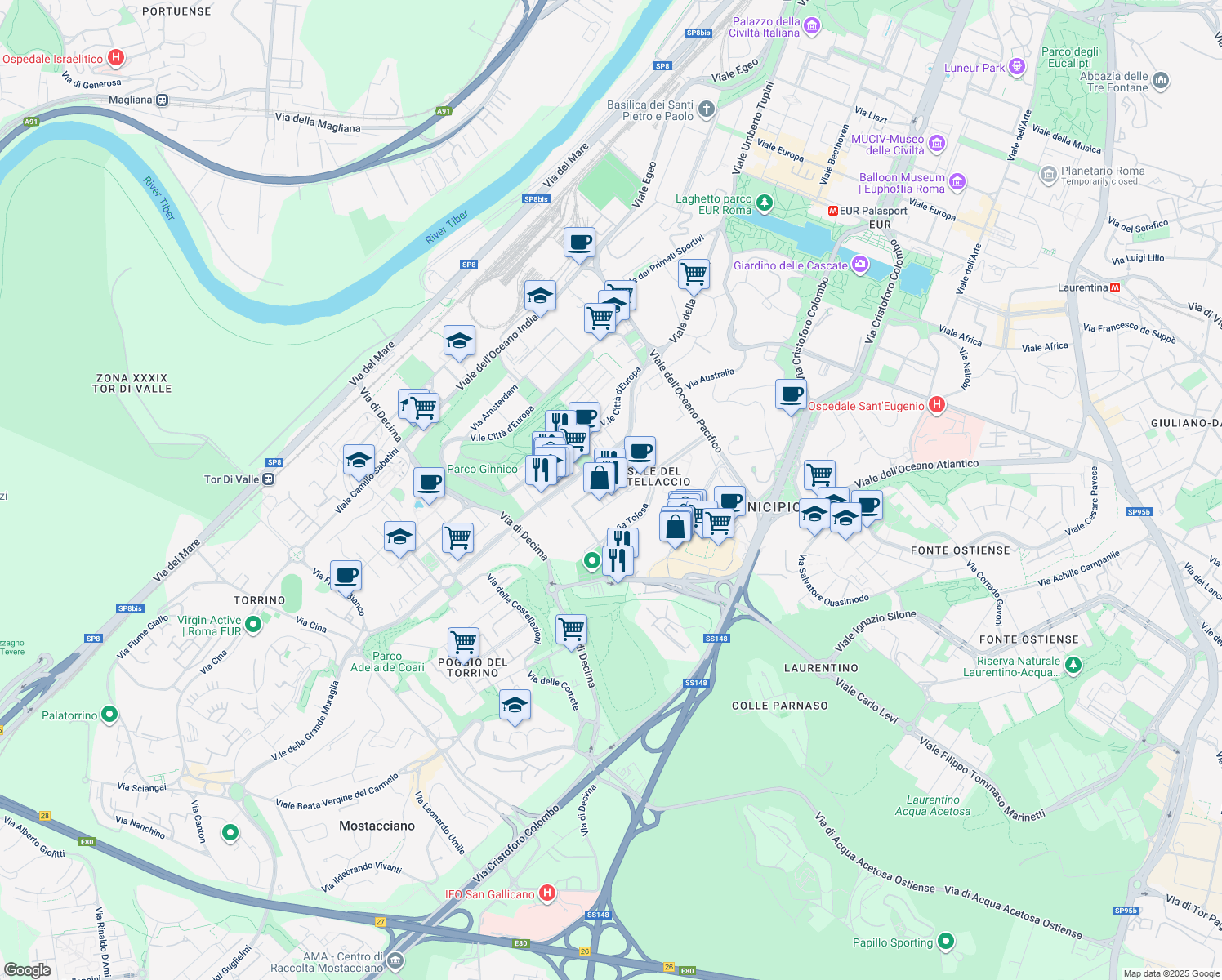 map of restaurants, bars, coffee shops, grocery stores, and more near 123 Viale Avignone in Roma