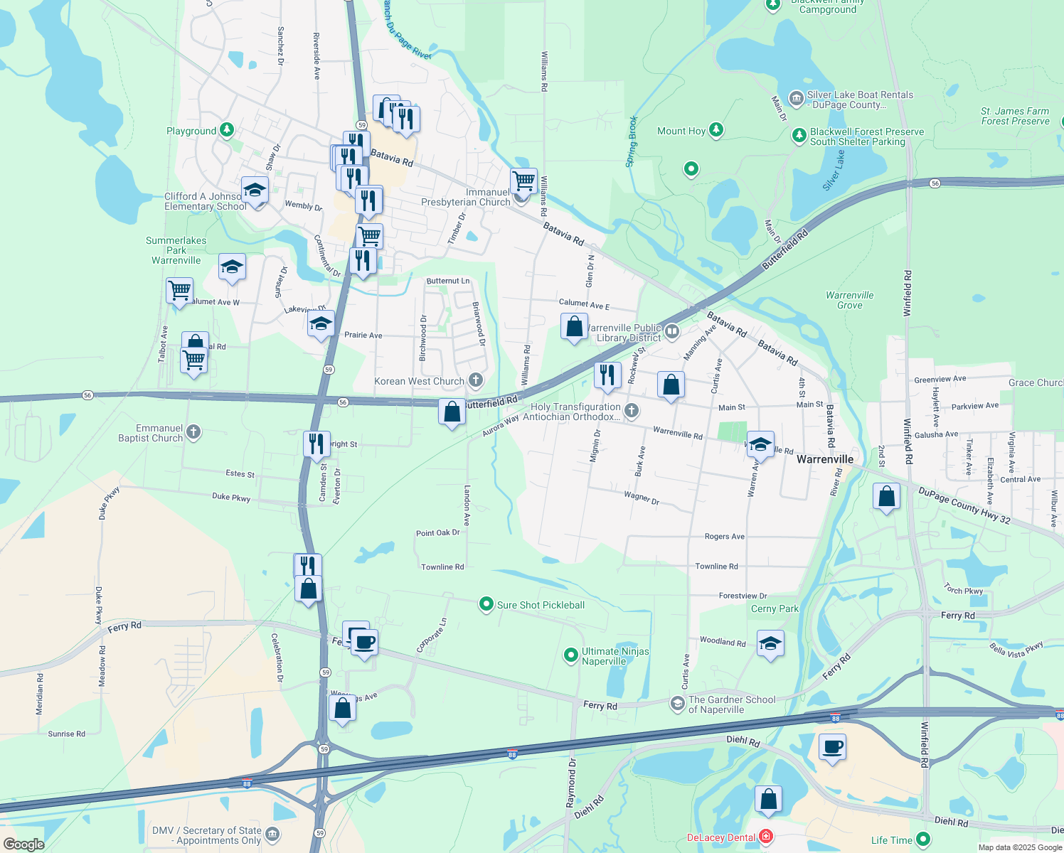 map of restaurants, bars, coffee shops, grocery stores, and more near 29W215 Warrenville Road in Warrenville