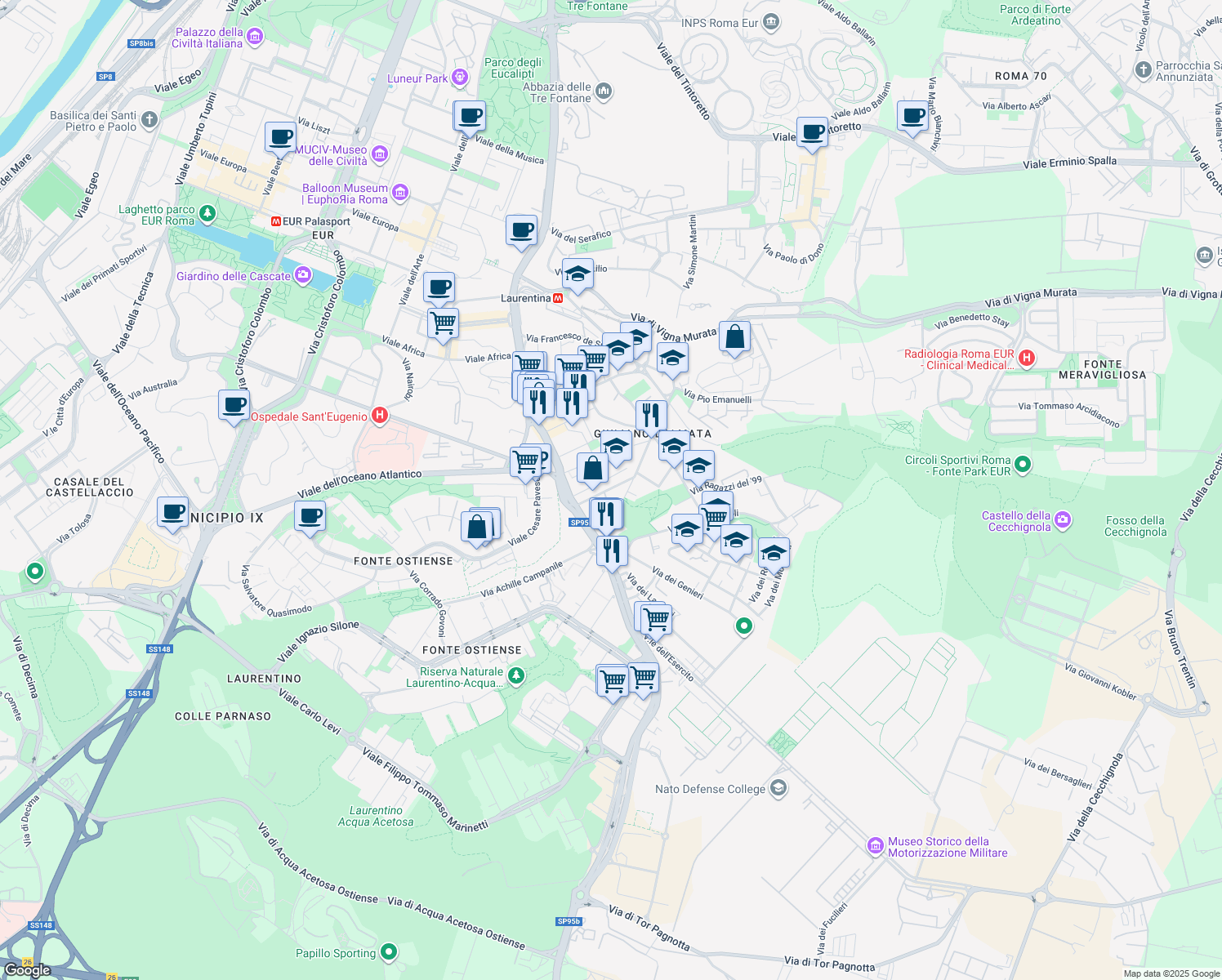 map of restaurants, bars, coffee shops, grocery stores, and more near 67 Via degli Artificieri in Rome