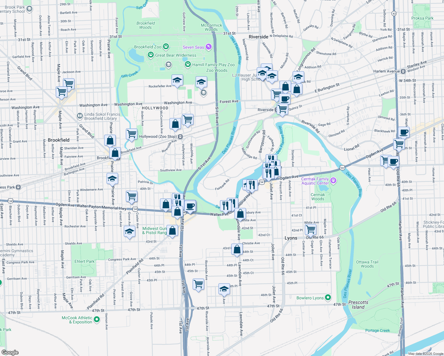 map of restaurants, bars, coffee shops, grocery stores, and more near 297 Scottswood Road in Riverside