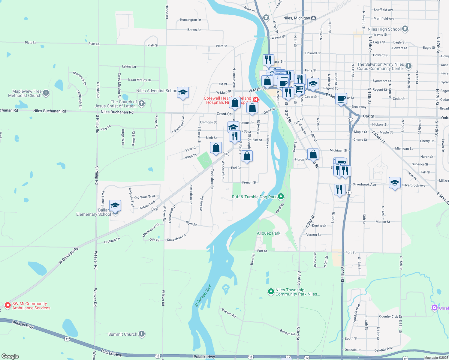 map of restaurants, bars, coffee shops, grocery stores, and more near 627 French Street in Niles