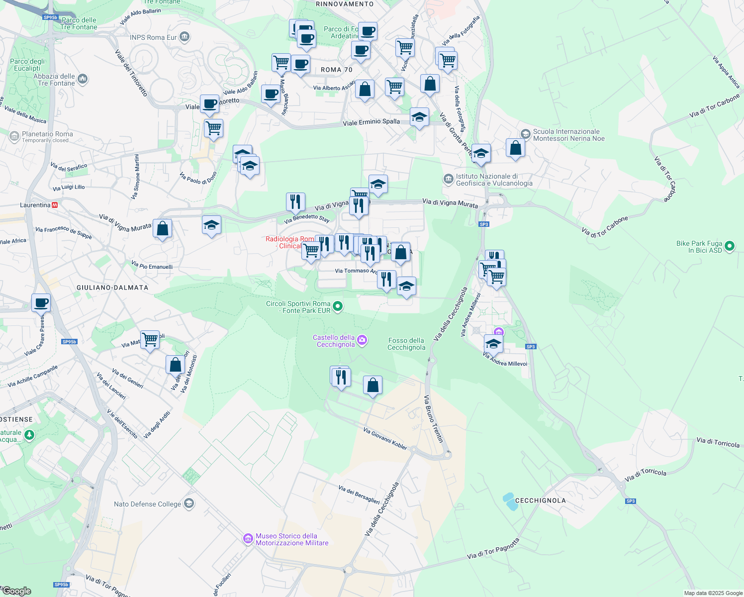 map of restaurants, bars, coffee shops, grocery stores, and more near 16 Via Francesco Patrizio da Cherso in Roma