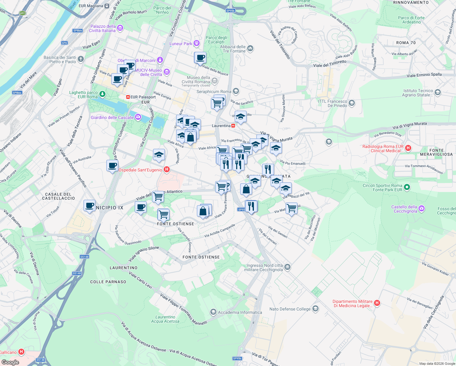 map of restaurants, bars, coffee shops, grocery stores, and more near 628 Via Laurentina in Roma