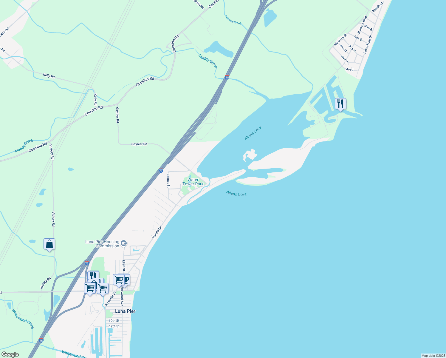 map of restaurants, bars, coffee shops, grocery stores, and more near 4759 Allen Cove Road in Luna Pier