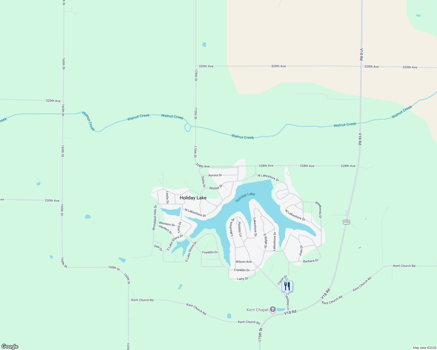 map of restaurants, bars, coffee shops, grocery stores, and more near Aurora Drive in Poweshiek County