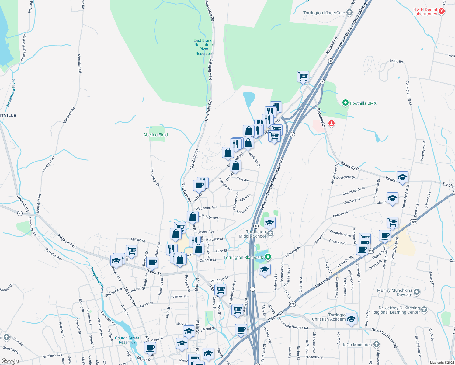 map of restaurants, bars, coffee shops, grocery stores, and more near 88 N Chapel St in Torrington