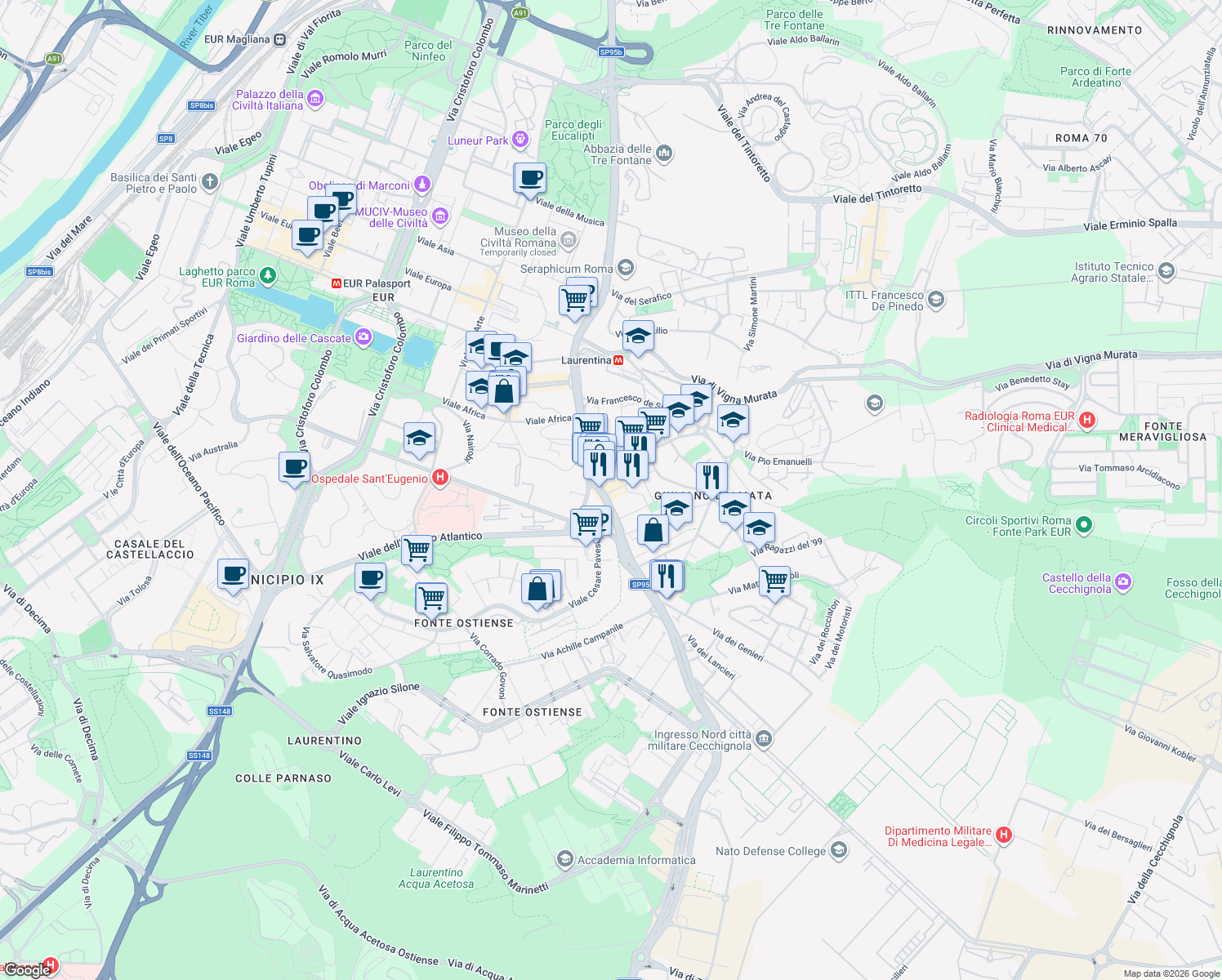 map of restaurants, bars, coffee shops, grocery stores, and more near 624-628 Via Laurentina in Roma