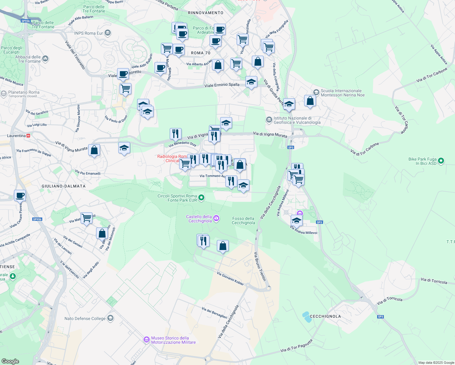 map of restaurants, bars, coffee shops, grocery stores, and more near 16 Via Francesco Patrizio da Cherso in Rome