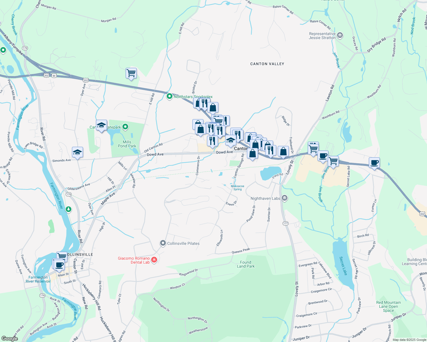 map of restaurants, bars, coffee shops, grocery stores, and more near Farmington River Trail in Canton