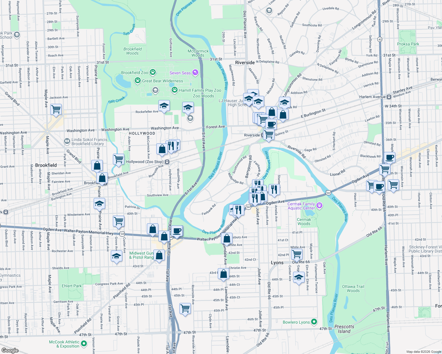 map of restaurants, bars, coffee shops, grocery stores, and more near 205 Bloomingbank Rd in Riverside