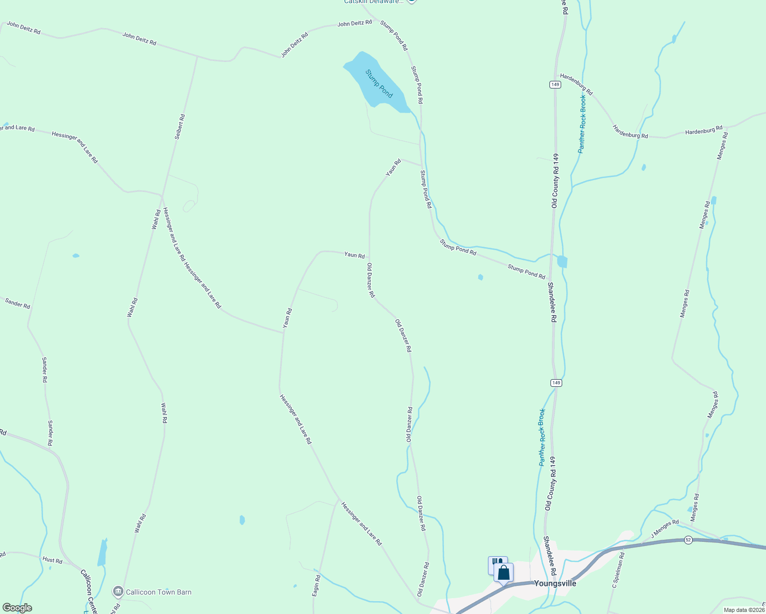 map of restaurants, bars, coffee shops, grocery stores, and more near 64 Old Hunter Road in Livingston Manor