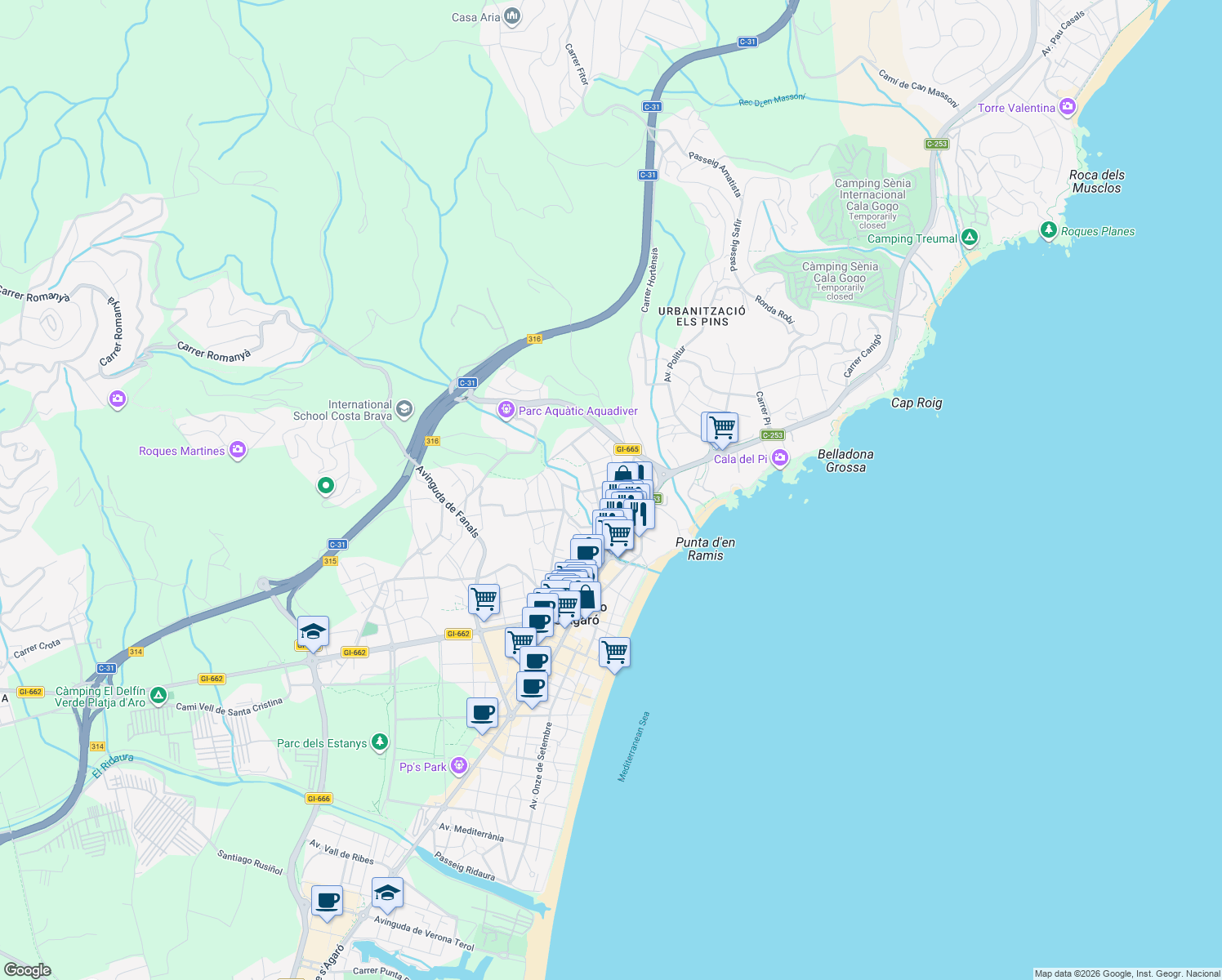 map of restaurants, bars, coffee shops, grocery stores, and more near 11 Carrer Eduard Toldrà in Platja d'Aro