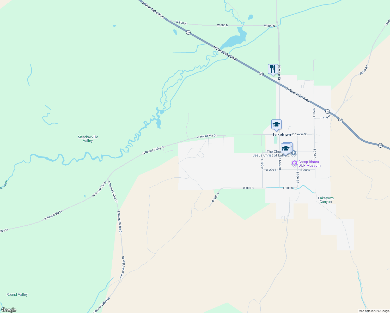 map of restaurants, bars, coffee shops, grocery stores, and more near 155 South Last Chance Drive in Laketown