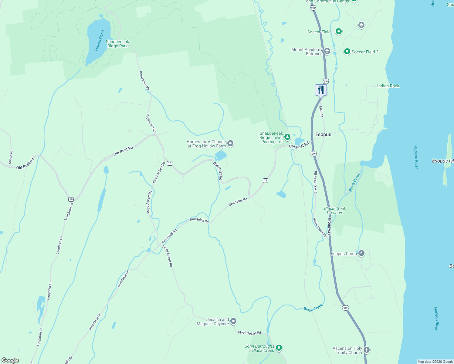 map of restaurants, bars, coffee shops, grocery stores, and more near 1045 County Road 16 in New Paltz