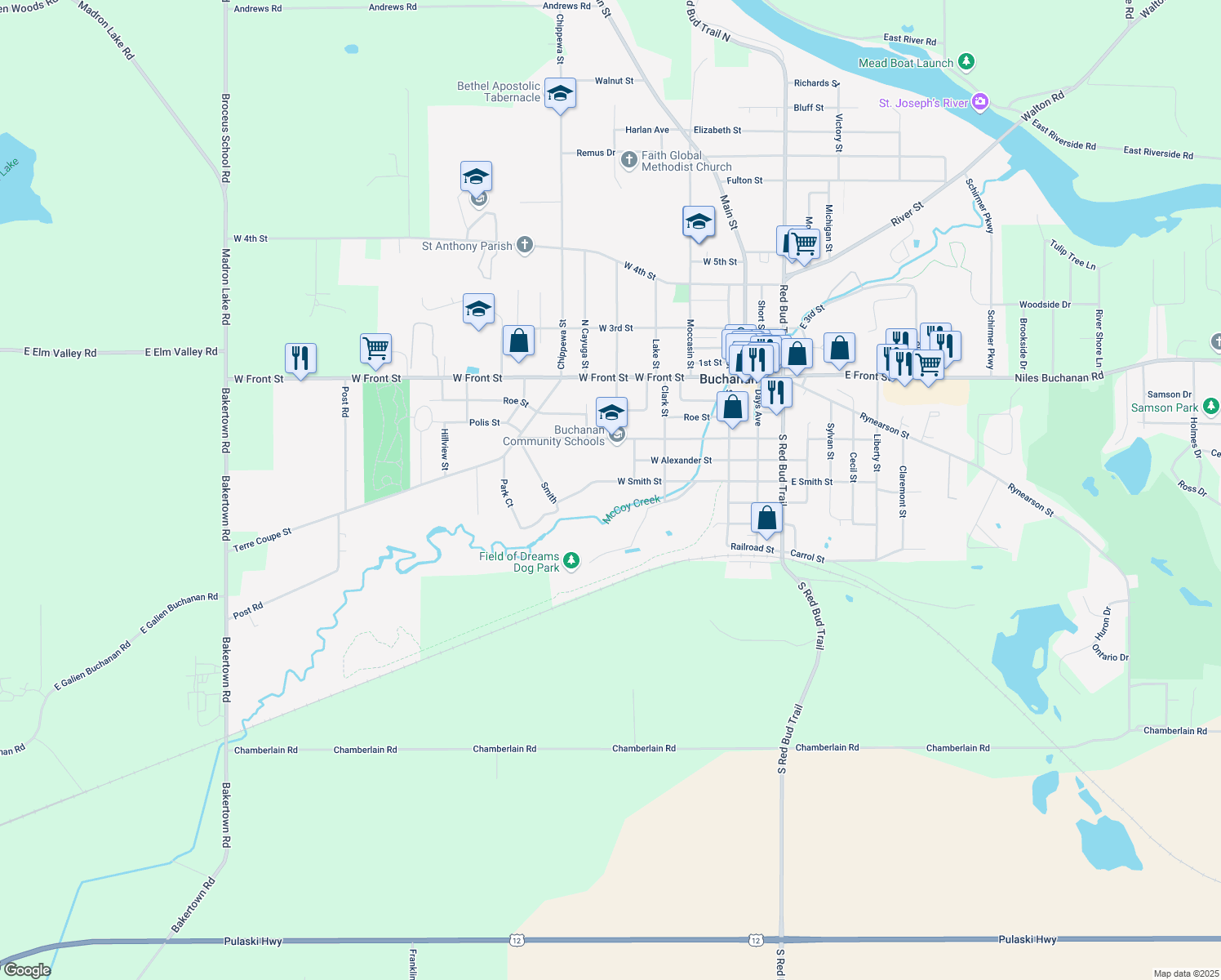 map of restaurants, bars, coffee shops, grocery stores, and more near 409 W Smith St in Buchanan