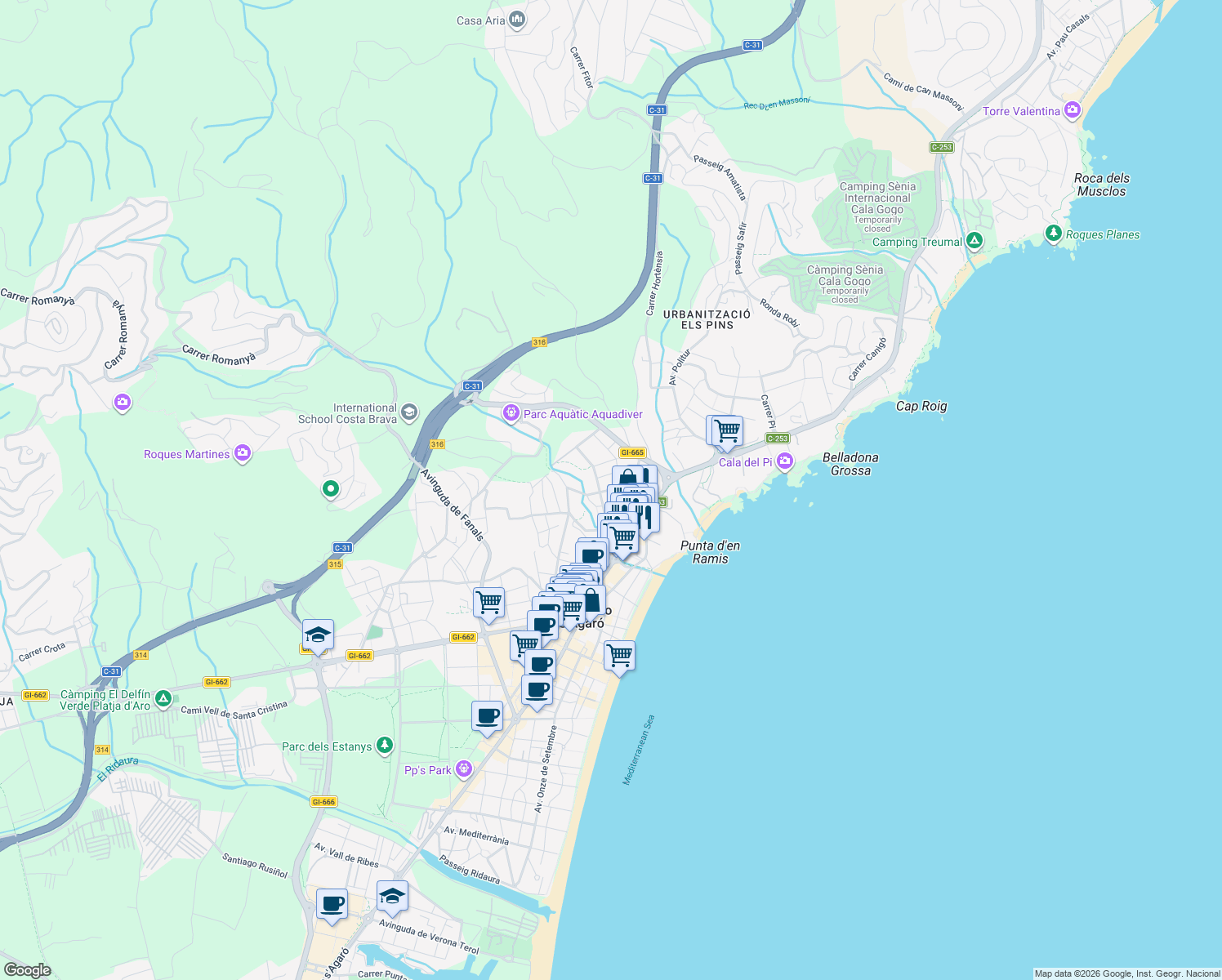map of restaurants, bars, coffee shops, grocery stores, and more near 11 Carrer Eduard Toldrà in Castell-Platja d'Aro