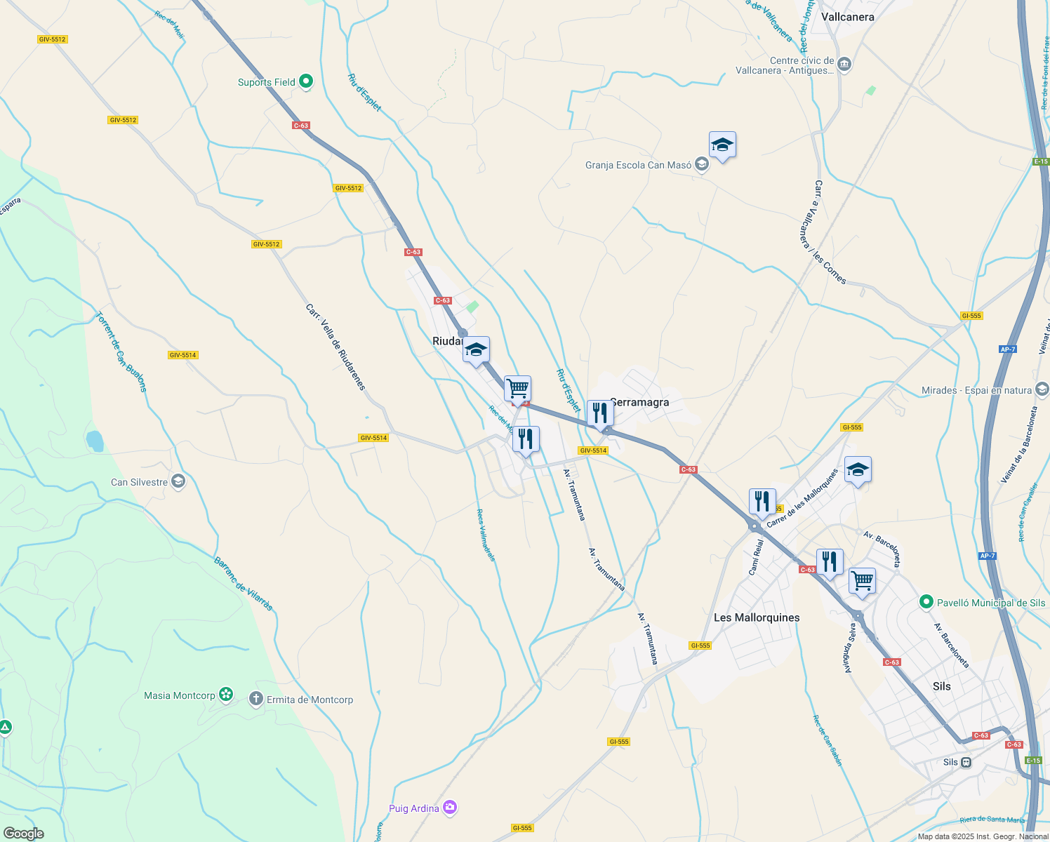 map of restaurants, bars, coffee shops, grocery stores, and more near 3B Passatge Girona in Riudarenes