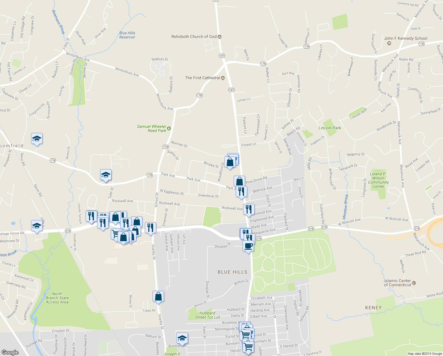 map of restaurants, bars, coffee shops, grocery stores, and more near 6 Woodford Drive in Bloomfield
