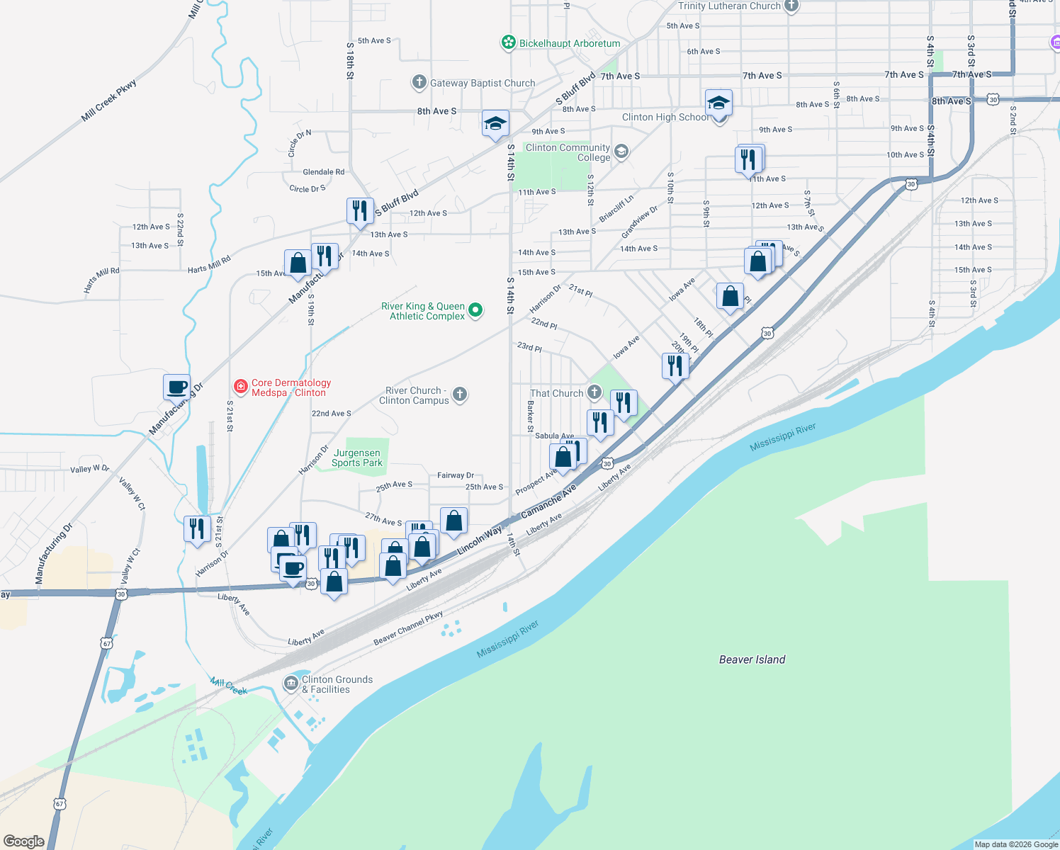 map of restaurants, bars, coffee shops, grocery stores, and more near 2386 Barker Street in Clinton