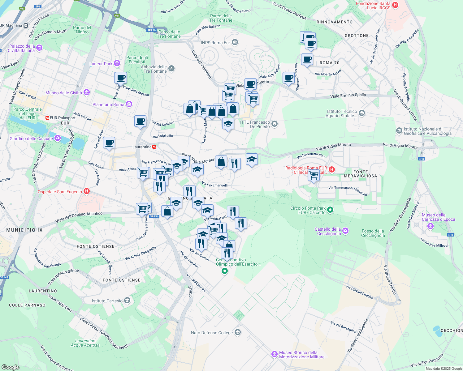 map of restaurants, bars, coffee shops, grocery stores, and more near Via Mentore Maggini in Roma