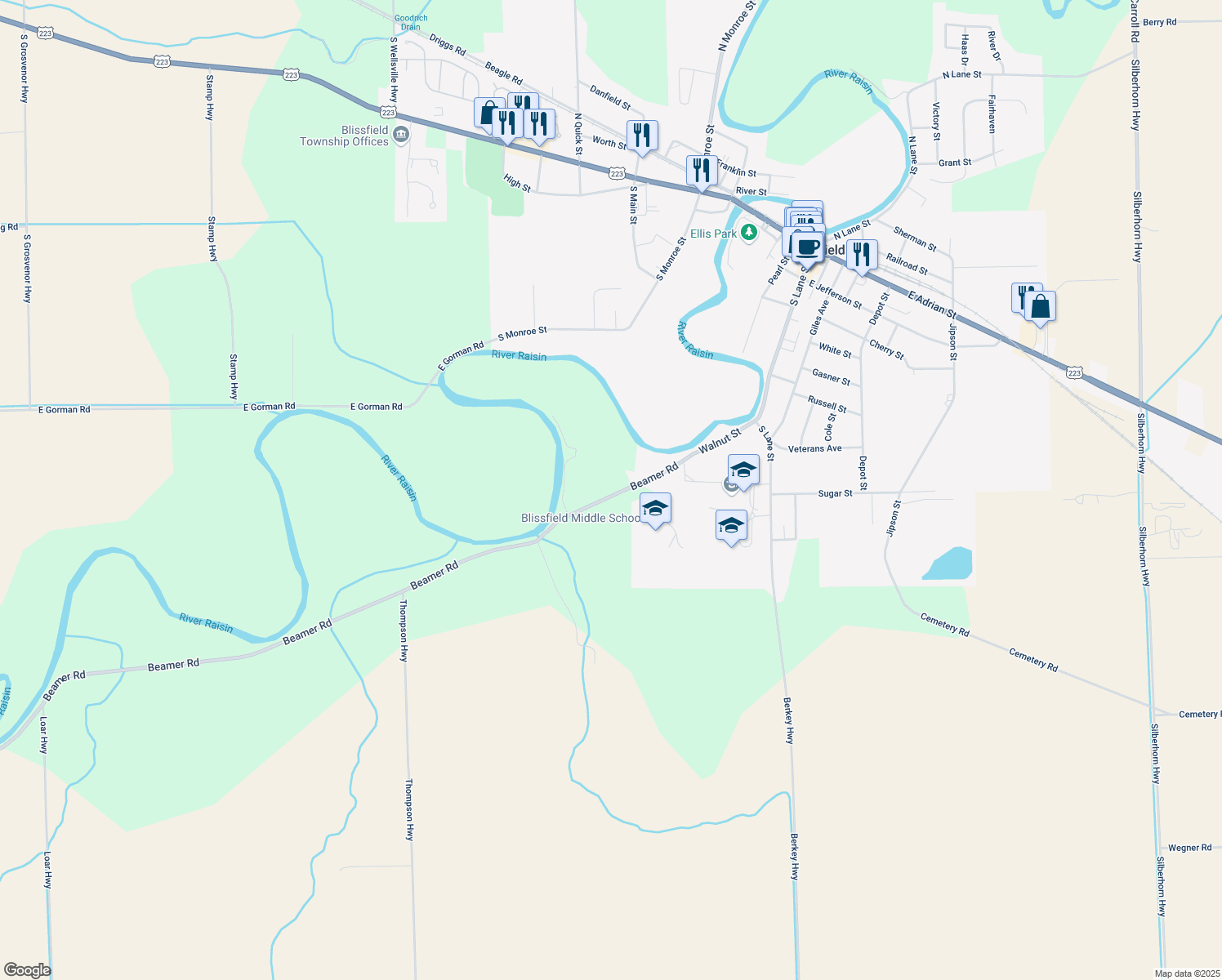 map of restaurants, bars, coffee shops, grocery stores, and more near 1336 Beamer Rd in Blissfield