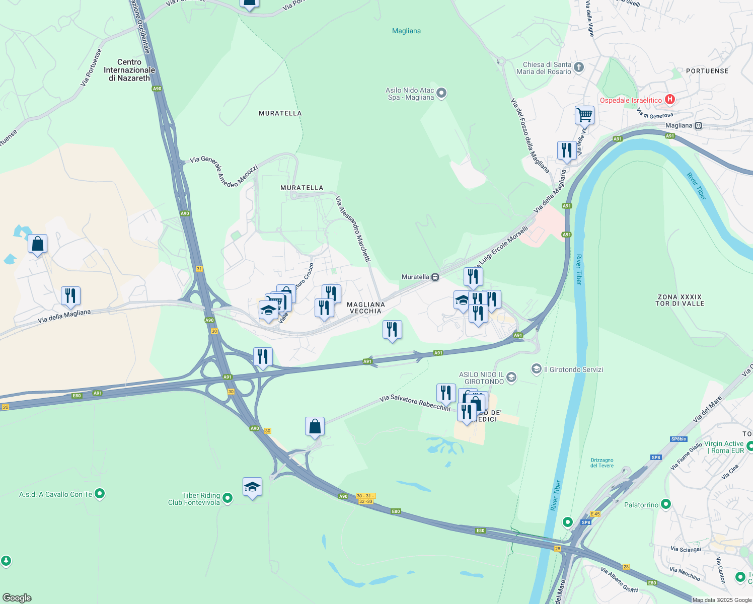 map of restaurants, bars, coffee shops, grocery stores, and more near 858 Via della Magliana in Roma