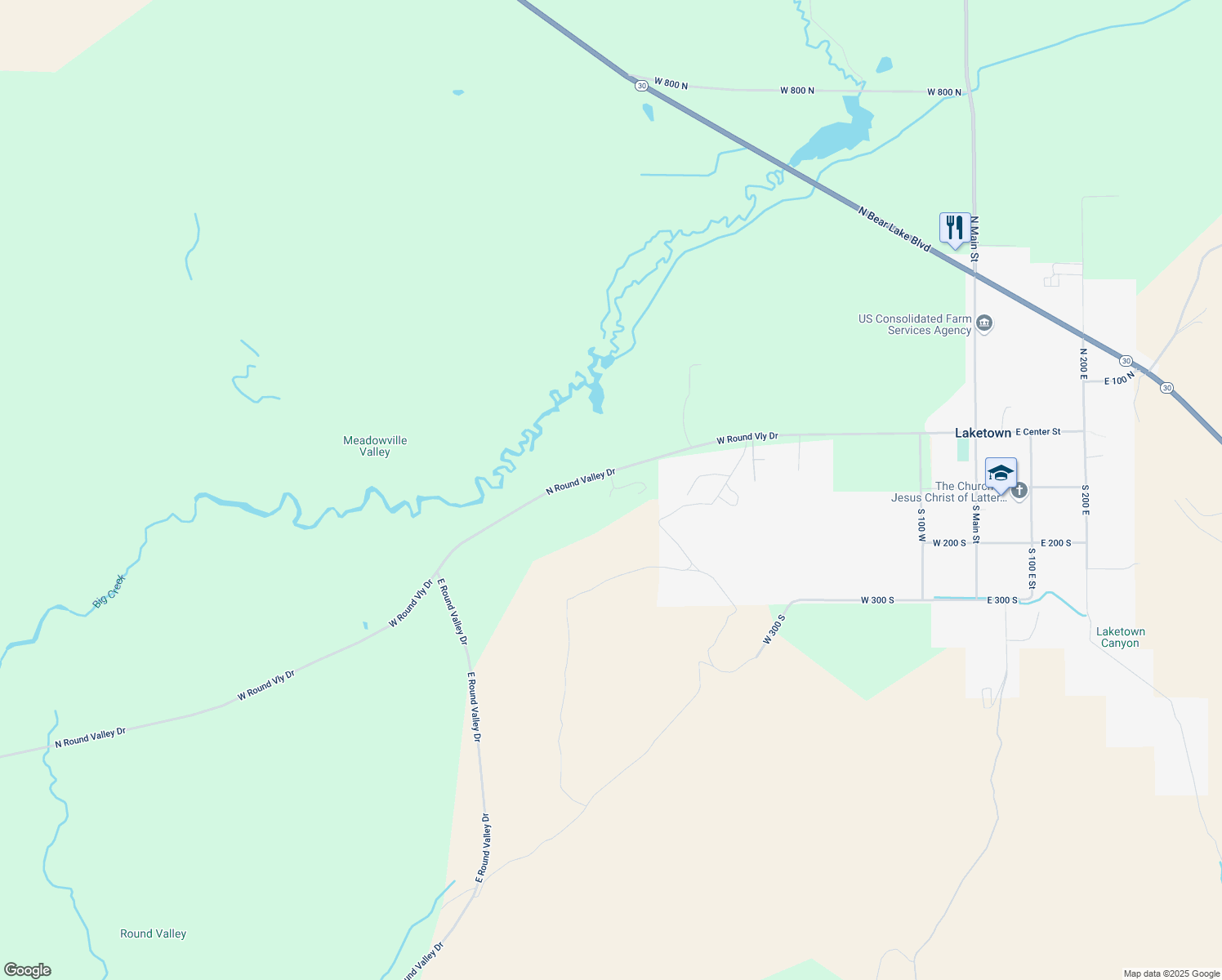 map of restaurants, bars, coffee shops, grocery stores, and more near 69 South Lost Sheep Creek in Laketown