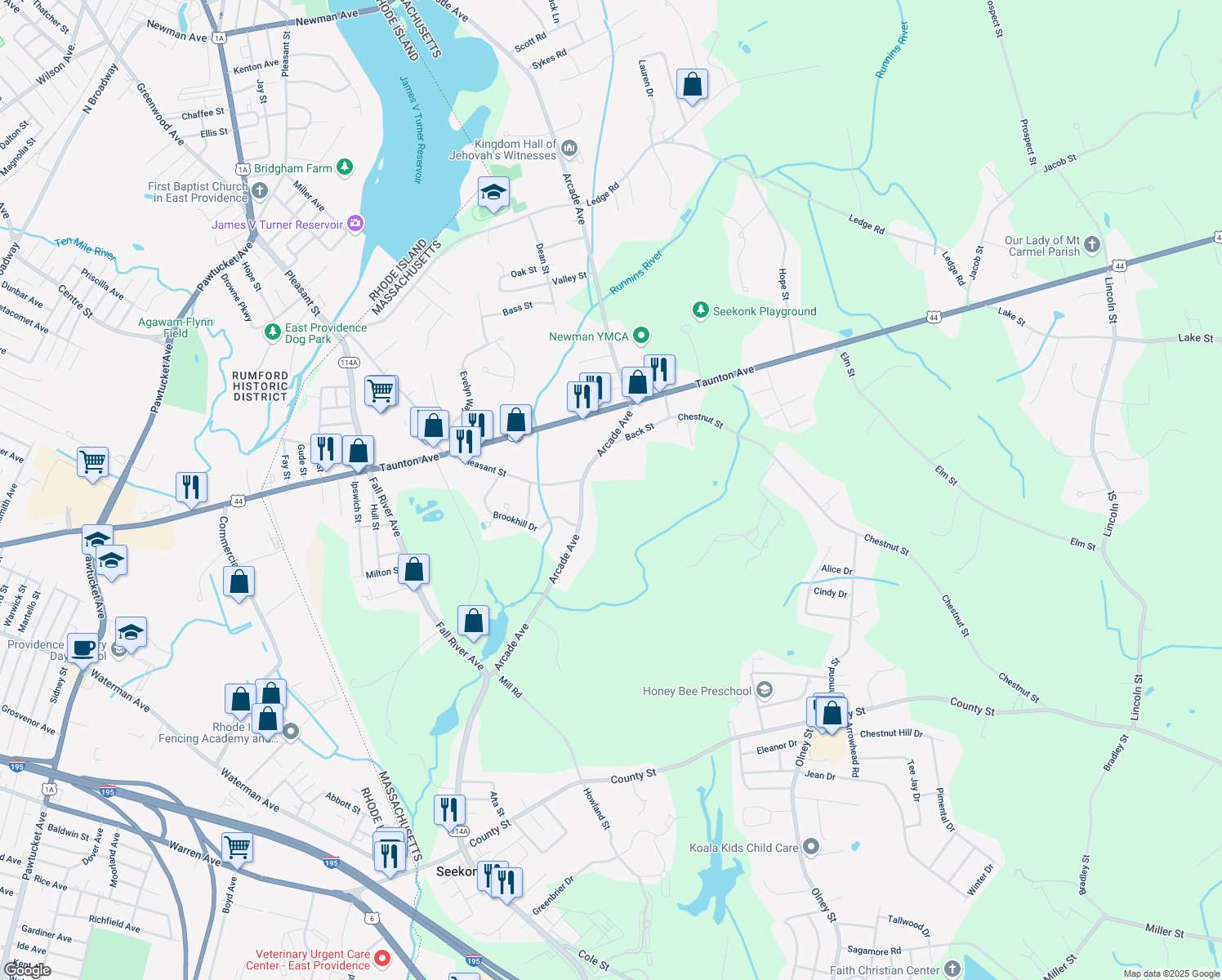 map of restaurants, bars, coffee shops, grocery stores, and more near 632 Arcade Avenue in Seekonk