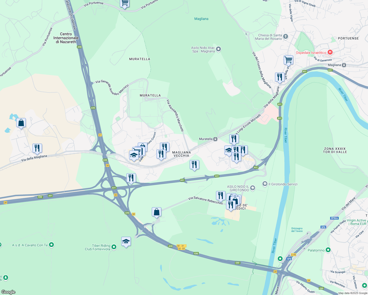 map of restaurants, bars, coffee shops, grocery stores, and more near 858 Via della Magliana in Roma