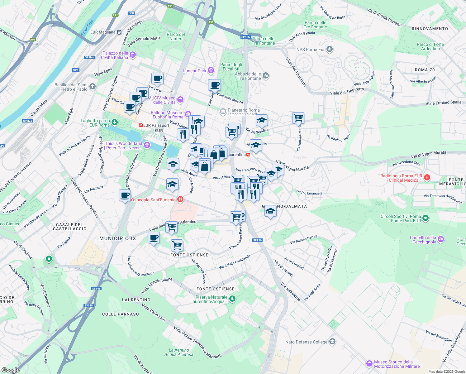 map of restaurants, bars, coffee shops, grocery stores, and more near 1 Via della Sierra Nevada in Rome