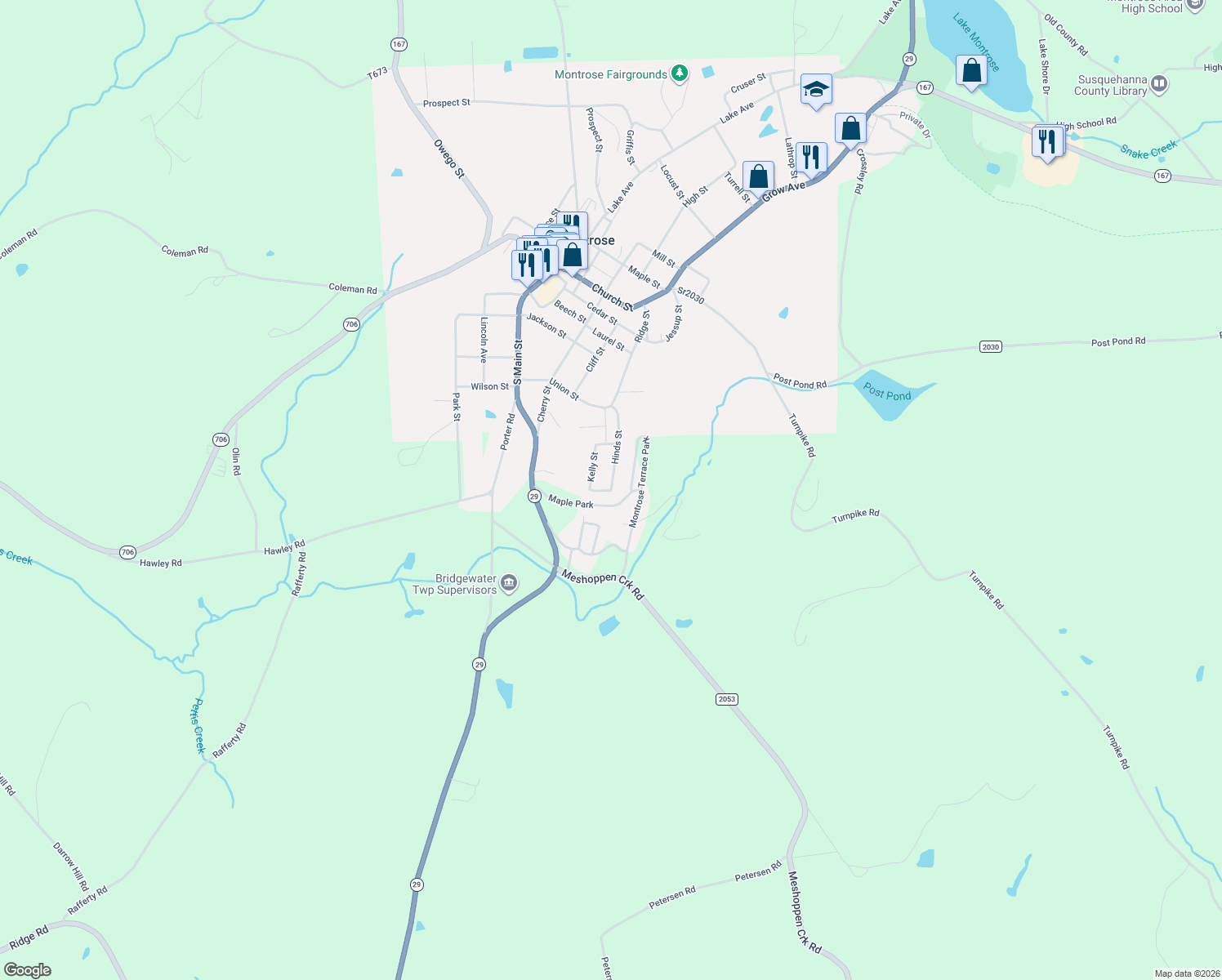 map of restaurants, bars, coffee shops, grocery stores, and more near 145 Hinds Street in Montrose